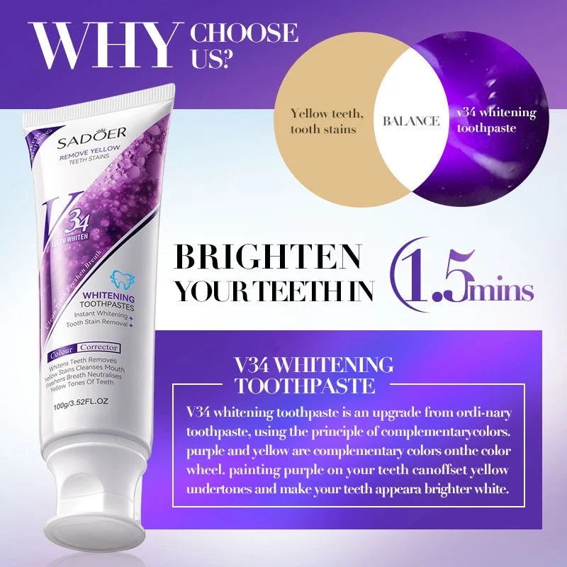 SADOER V34 Whitening Toothpaste – Instant Brightening & Color-Correcting Formula for a Whiter Smile ( The Savings Spot Sale )
