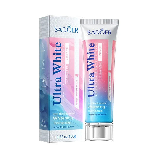 SADOER Ultra Whitening Toothpaste – Niacinamide + Sea Salt + Peach Formula for a Radiant Smile ( The Savings Spot Sale )