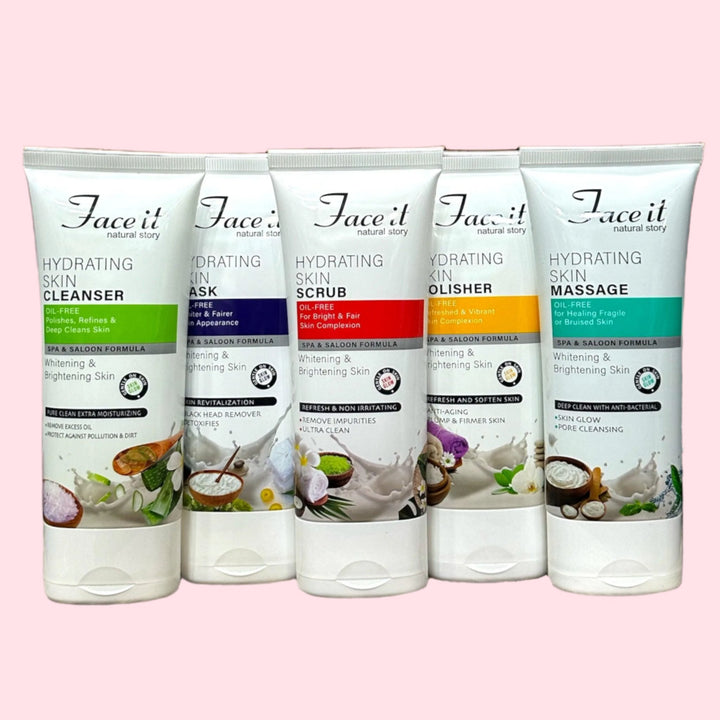 Face It Natural Story Hydrating Skin Care Bundle - Cleanser, Mask, Scrub, Polisher, and Massage (Pack of 5) - The Body Essential