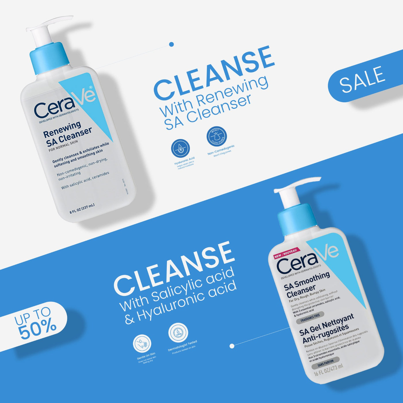Grab! CeraVe Renewing SA Cleanser & SA Smoothing Cleanser
