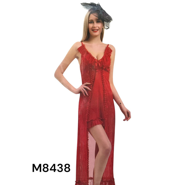 Red Lace and Mesh Ruffled Maxi Chemise or Red Sheer Ruffle Lingerie Dress M8438
