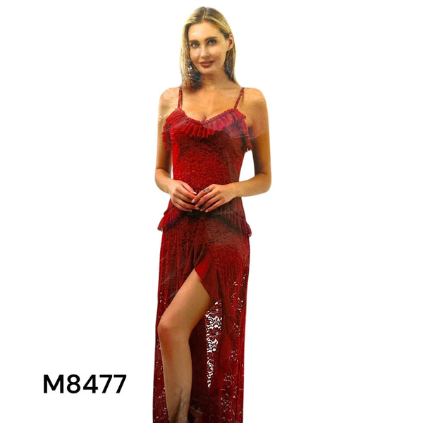 Red Lace and Ruffle Maxi Chemise Lingerie Dress M8477