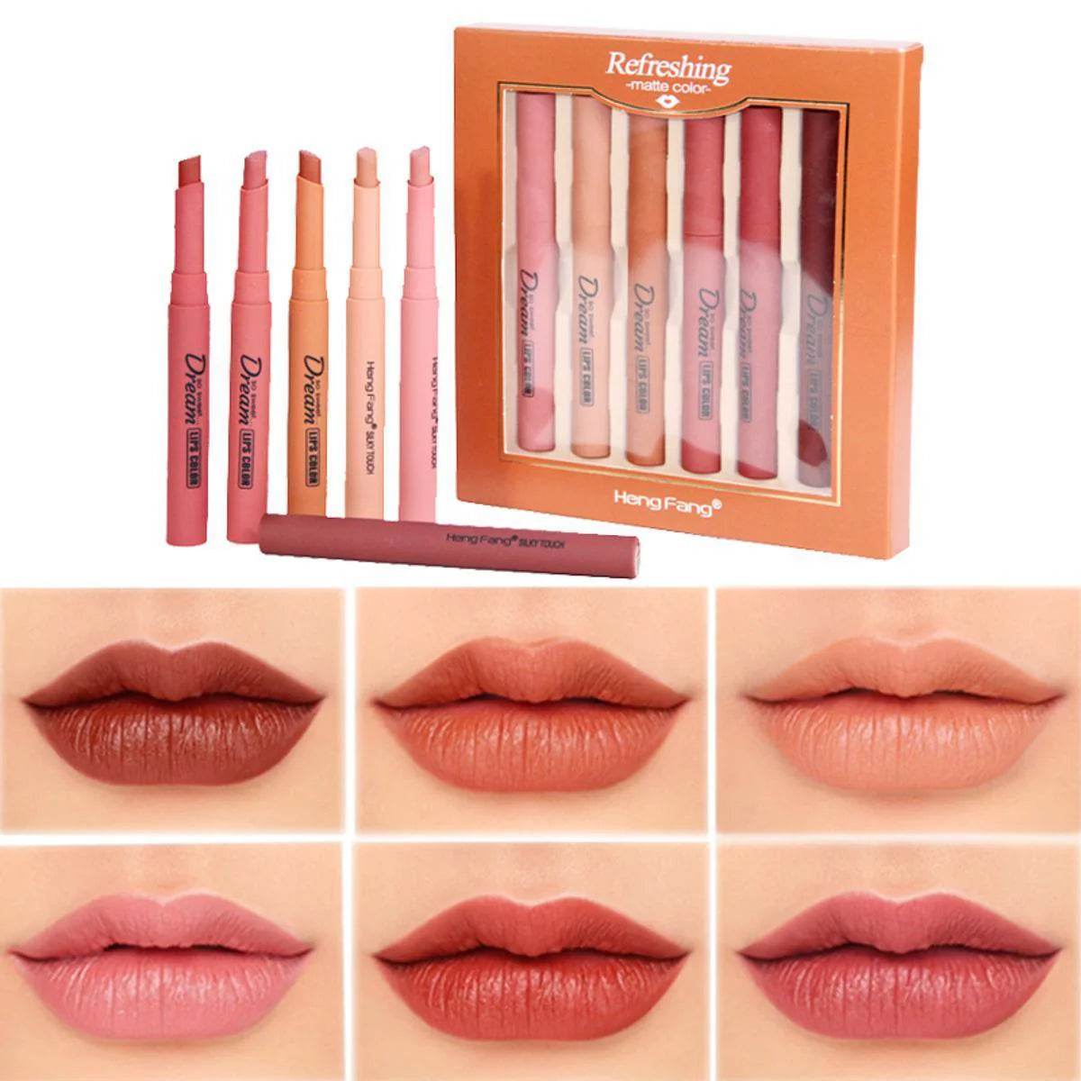 Heng Fang 6-PC Matte Lip Crayon Set: Nude & Bold, Long-Lasting Comfort - The Body Essential